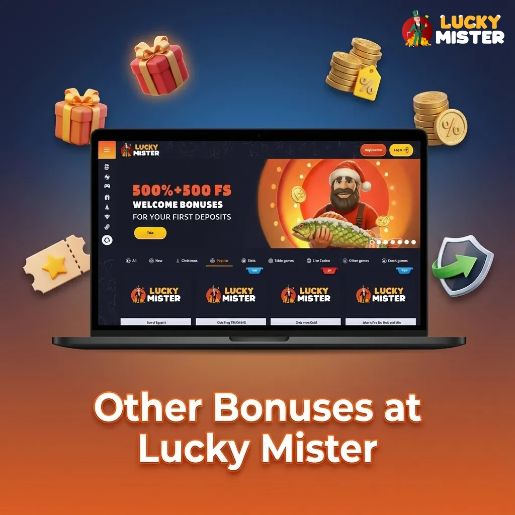 Lucky Mister promotions page listing reload bonuses, free spins, cashback, tournaments, and VIP rewards for regular players